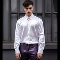 Camisa de satén de seda blanca brillante para hombre con pantalón morado metálico - S / Tops / Blanco
