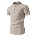Vista dettagliata della camicia Henley in cotone lino kaki con collo alla coreana e tessuto - Taglia M / Top / Bianco avorio
