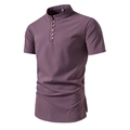 Dettaglio camicia in lino viola con cinque bottoni in legno e colletto alla coreana uomo - Borgogna