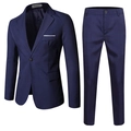 Men's navy blue casual suit set with slim fit blazer and matching trousers in solid color - M / Top And Bottom / Navy Blue