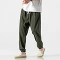 Mens dark green linen harem pants with drawstring waist and elastic ankles for daily casual wear - Dark Green