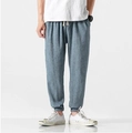 Men's blue-grey linen harem pants with adjustable drawstring waist and elastic cuffs - Blue