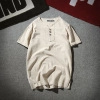 Men's cotton linen short sleeve Henley shirt in cream white with three wooden buttons - Khaki (2-Button)