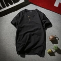 Men's black cotton linen Henley shirt with V-neck and wooden buttons in a slim fit style - Black (2-Button)