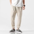 Beige men's linen jogger pants with drawstring waist and elastic cuffs in Japanese style - Off White