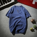 Men's blue-purple cotton linen Henley shirt with V-neck and double button detail - Navy Blue (2-Button)