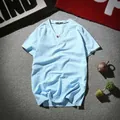 Men's light blue cotton linen T-shirt with V-neck and single wooden button - Sky Blue (2-Button)