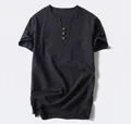 Men's navy blue cotton linen Henley shirt with short sleeves and wooden buttons - Black (3-Button)