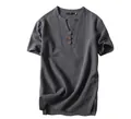 Men's dark grey linen blend Henley t-shirt with short sleeves and vintage buttons - Gray Blue (3-Button)