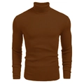 Macro shot of brown high neck sweater showing detailed vertical ribbed knit texture - Tan