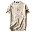 Men's beige cotton linen short sleeve T-shirt with Henley neck and wooden buttons - Khaki (3-Button)