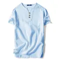 Men's light blue cotton linen short sleeve Henley shirt with buttoned V-neckline - Sky Blue (3-Button)