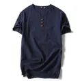 Men's navy blue cotton linen Henley T-shirt with short sleeves and wooden buttons - Navy Blue (3-Button)