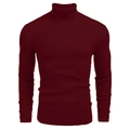 Detail of burgundy turtleneck sweater featuring vertical ribbed knit texture and folded collar - Burgundy