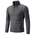 Men's charcoal grey quarter-zip knit sweater with ribbed high neck and long sleeves - M / Tops / Dark Gray