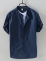 Men's navy blue linen shirt with stand collar and single-breasted design for summer wear - S / Tops / Navy Blue