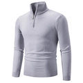 Men's slim fit quarter-zip knit sweater in light grey-blue with ribbed cuffs and hem - M / Tops / Light Gray