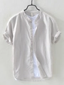 Men's light grey cotton linen short sleeve shirt with stand collar and button-up design - S / Tops / Gray