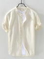 Men's light beige linen cotton short sleeve shirt with mandarin collar and button-down front - S / Tops / Beige