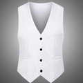 Detail of white slim fit suit vest featuring four black contrast buttons and classic V-neck - M / Tops / White