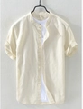 Men's light beige cotton linen shirt with mandarin collar and short sleeves in summer style - S / Tops / Khaki