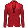 Detail of red slim fit blazer with single button closure and floral pocket decoration - M / Tops / Red