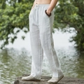 Men's breathable white cotton linen wide leg pants with elastic drawstring waist - White