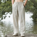 Pantalon en lin ample pour homme couleur kaki avec taille à cordon et coupe droite - M 45-55kg / Bas / Lin