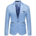 Close-up of slim fit sky blue blazer featuring black piped pockets and a pocket square - Sky Blue