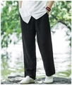 Pantalon en lin noir pour homme avec cordon de serrage et coupe droite fluide - M / Bas / Noir