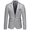 Detail of light grey slim fit suit jacket with floral pocket square and black piped pockets - M / Tops / Gray