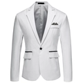 Slim fit white single-breasted blazer for men with floral pocket square and black piping detail - M / Tops / White