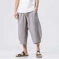 Men's loose linen cropped pants with drawstring waist and large side pockets in light grey - M / Gray