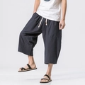 Men's loose fit dark blue linen cropped harem pants with elastic drawstring waist - M / Navy Blue