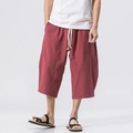 Loose linen cropped pants for men featuring a brick red color and drawstring waist - 2XL / Red