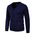 Classic dark blue V-neck knitted cardigan for men featuring front pockets and ribbed cuffs - Navy Blue
