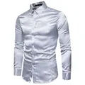 Macro view of silver satin shirt fabric texture and polished buttons on men's slim fit shirt - S / Tops / Light Gray