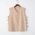 Herren Vintage Weste aus Baumwolle Leinen mit chinesischen Knebelknöpfen und Hohlsaum - M / Oberteile / Khaki