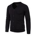 Classic black V-neck knit cardigan for men featuring five buttons and dual front pockets - M / Black