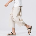 Men's loose linen cropped pants in natural beige with drawstring waist and relaxed fit - M / Beige