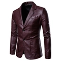 Slim fit men's faux leather biker jacket in deep burgundy with notch lapel and two buttons - M / Burgundy