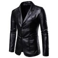 Slim fit black faux leather blazer for men featuring a classic notch lapel and two-button closure - M / Black