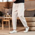 Men's loose cotton linen joggers in beige with drawstring waist and elastic cuffs - M / Bottoms / Off White