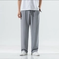 Pantalon décontracté en lin gris pour homme avec taille élastique à cordon et jambe droite - M / Bas / Gris