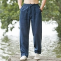 Pantalon en lin bleu marine pour homme, coupe droite décontractée avec cordon de serrage - M / Bas / Bleu marine
