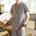 Men's grey linen-cotton two-piece suit with mandarin collar and casual loose pants - 2XL / Gray