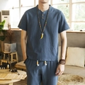 Blue cotton linen set for men with short sleeve tunic and matching casual trousers - M / Grey Blue