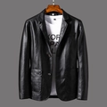 Classic men's black PU leather blazer jacket with notched lapels and two-button closure - M / Black
