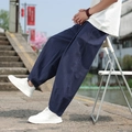 Pantaloni larghi da uomo in cotone e lino blu navy in stile zen cinese minimalista - Blu navy