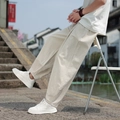 Pantaloni larghi da uomo in cotone e lino beige con taglio rilassato stile zen cinese - Albicocca